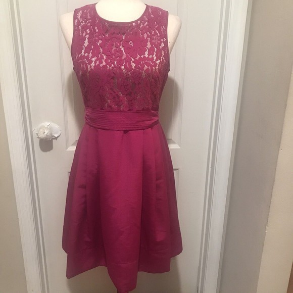 Eliza J Size 4 Fit & Flare Dress Pink Lace Top Belted Waist Barbie Pink Pockets - Picture 2 of 15
